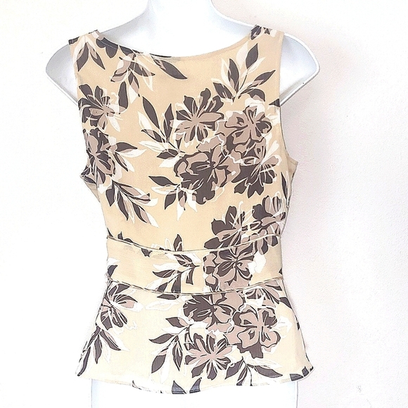 Covington tank top sleeveless blouse tie zipper tan brown floral print lined - Picture 2 of 5